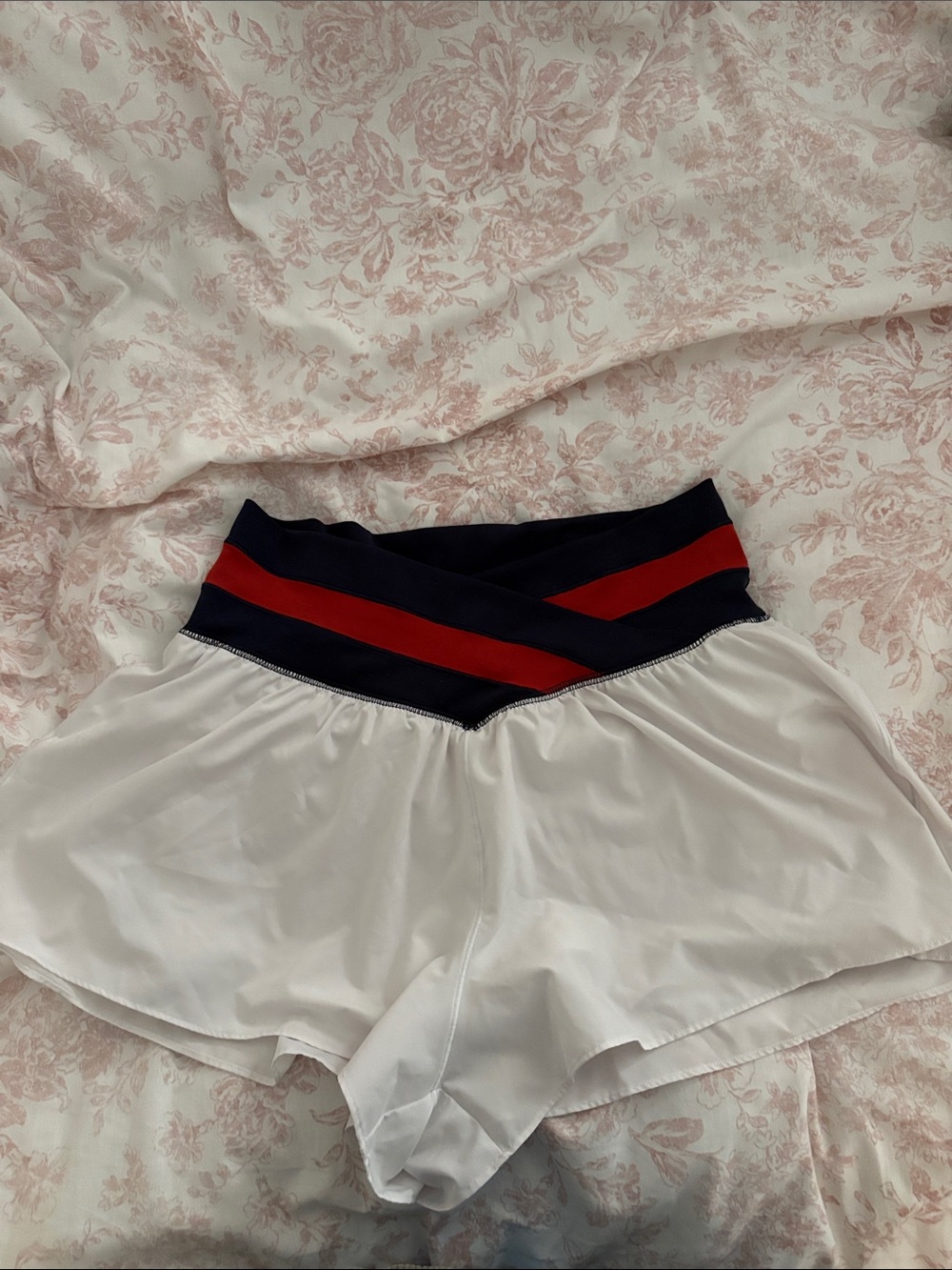 AERIE White Women's Athletic Shorts with Navy & Red Waistband